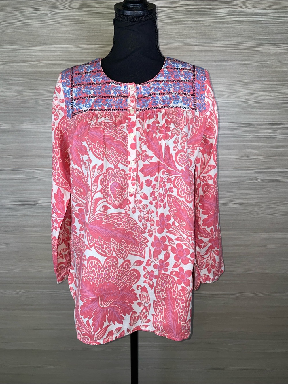 J. Crew Embroidered Cotton Pink and White Floral Button-Front Peasant Tunic XS